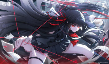 1girl absurdres arm_cutout black_hair black_skirt black_socks bright_pupils chisa_(wuthering_waves) closed_mouth clothing_cutout commentary hair_ribbon highres holding holding_sword holding_weapon logo long_hair long_sleeves looking_at_viewer mole mole_under_eye neckerchief outstretched_arm red_eyes red_neckerchief red_ribbon ribbon rogomarebuteki skirt socks solo sword thigh_strap weapon white_pupils wuthering_waves