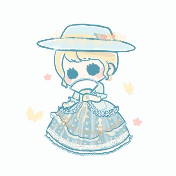 1girl :o animated animated_gif blonde_hair blue_bow blue_dress blue_eyes blue_hat blunt_bangs blush_stickers bow bug butterfly chibi dress expressionless eyelashes fanning_self floral_print flower frilled_dress frilled_gloves frilled_headwear frilled_sleeves frills reminiscence_of_flower_(shining_nikki) gloves gown hat hat_flower insect lace lace-trimmed_dress lace_trim long_dress looping_animation nikki_(series) parted_lips pink_flower reminiscence_of_flower_(shining_nikki) ribbon-trimmed_dress ribbon_trim shining_nikki short_hair short_sleeves simple_background solid_circle_eyes solo sun_hat updo white_background white_flower wrist_bow xiaoyu_qixing yellow_butterfly yellow_flower yellow_gloves