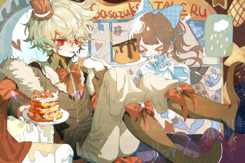 1boy 1girl 691442163 absurdres alice_(alice_in_wonderland) alice_(alice_in_wonderland)_(cosplay) alice&#039;s_adventures_in_wonderland blue_dress brown_hair character_name chibi closed_eyes collar_x_malice cosplay crown dress food fruit highres hoshino_ichika_(collar_x_malice) light_green_hair long_hair long_sleeves mini_crown pancake pancake_stack pants queen_of_hearts_(alice_in_wonderland) queen_of_hearts_(alice_in_wonderland)_(cosplay) red_eyes sasazuka_takeru short_hair strawberry whipped_cream