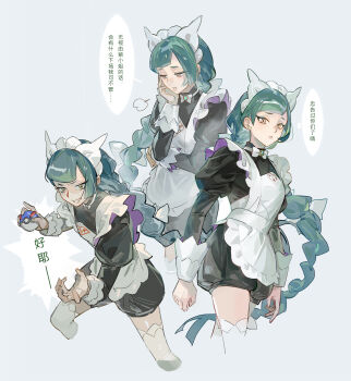 Rule 34 | 1girl, apron, black romper, blue background, blunt bangs, bow, bowtie, braid, braided ponytail, chinese text, closed mouth, great ball, green hair, hand on own cheek, hand on own face, highres, holding, holding poke ball, juliet sleeves, lebanne (pokemon), long hair, long sleeves, looking at viewer, maid apron, maid headdress, mega stone, multiple views, nintendo, noir (ibaraki), poke ball, pokemon, pokemon legends: z-a, puffy sleeves, romper, simple background, smile, speech bubble, thighhighs, thought bubble, translation request, tsurime, white bow, white bowtie, white thighhighs, yellow eyes