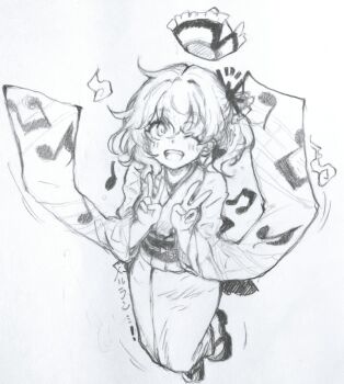 Rule 34 | 1girl, absurdres, alternate costume, blush, carbohydrate (asta4282), character name, commentary request, double v, furisode, greyscale, hat, highres, japanese clothes, kimono, looking at viewer, merlin prismriver, monochrome, musical note, musical note print, obi, one eye closed, open mouth, print kimono, sandals, sash, smile, socks, solo, touhou, traditional media, translated, v
