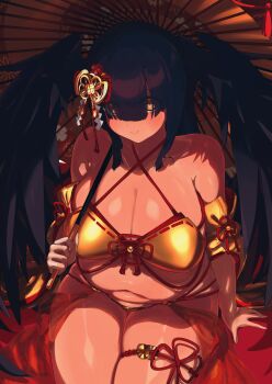 1girl bikini black_hair black_wings blunt_bangs blush bombergirl breasts cleavage detached_sleeves eyes_visible_through_hair feathered_wings gold_bikini hair_ornament hair_over_eyes head_wings highres holding holding_umbrella karasuba_hiiro large_breasts leg_ribbon long_hair navel plump ribbon shiromeshi_(humituki0730) sidelocks sitting skindentation smile solo swimsuit thick_thighs thigh_ribbon thigh_strap thighs umbrella umbrella_over_shoulder wings yellow_eyes