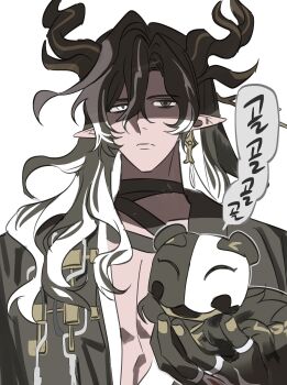 Rule 34 | 1boy, absurdres, animal, arknights, bandaged neck, bandages, black bandages, black hair, black hands, cat, closed mouth, colored extremities, dragon boy, dragon horns, earrings, eastern dragon horns, expressionless, grey eyes, hair between eyes, heterochromia, highres, holding, holding animal, horns, jewelry, korean text, long hair, looking at viewer, male focus, mask, mevii12345, multicolored hair, pointy ears, shaded face, simple background, single earring, solo, speech bubble, streaked hair, translation request, upper body, wang (arknights), white background, white eyes, white hair