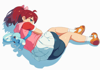 1girl bike_shorts brown_hair commentary_request green_eyes hair_ribbon hood hooded_jacket jacket looking_at_viewer lying om_(nk2007) on_side orange_shoes pink_jacket pink_ribbon ribbon saru_getchu sayaka_(saru_getchu) shoes short_hair simple_background skirt socks solo stuffed_animal stuffed_rabbit stuffed_toy twintails white_background white_skirt white_socks
