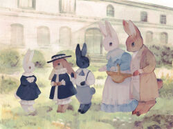 Rule 34 | animal, animal focus, apron, ascot, basket, black coat, black hat, bloomers, blue dress, brown coat, bush, clothed animal, coat, coattails, collared coat, collared dress, commentary, crossed arms, day, dress, english commentary, family, flower, frilled sleeves, frills, grass, grey ascot, grey dress, grey pants, hat, hat flower, highres, holding, holding basket, lapels, layered sleeves, long dress, long sleeves, looking at another, mansion, no humans, notched lapels, open clothes, open coat, original, outdoors, own hands together, pants, puffy pants, rabbit, shirt, short dress, sky, suspenders, tono (rt0no), underwear, waist apron, white apron, white bloomers, white dress, white flower, white shirt, white sky