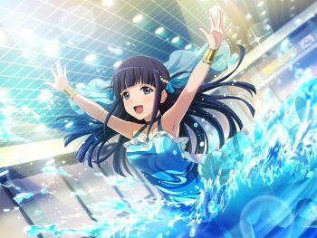 Rule 34 | 1girl, armpits, arms up, blue dress, blue eyes, blue hair, blunt bangs, blunt ends, bracelet, dress, dutch angle, frilled dress, frills, game cg, indoors, jewelry, looking at viewer, official art, partially submerged, pool, shoujo kageki revue starlight, shoujo kageki revue starlight -re live-, sidelocks, solo, splashing, tsuyuzaki mahiru, upper body, veil, water