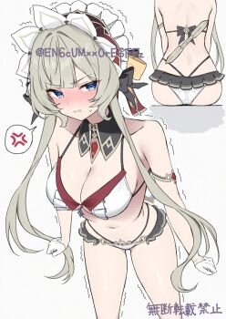 1girl ? adapted_costume alternate_costume anger_vein ass bikini black_collar blue_eyes blush breasts brown_hair cleavage clenched_hands clenched_teeth collar collarbone commentary copyright_notice cowboy_shot detached_collar embarrassed frilled_bikini frills from_behind full-face_blush furrowed_brow genshin_impact gloves gold_trim hair_intakes half_gloves headdress highres large_breasts legs_apart long_bangs looking_at_viewer maid_headdress multiple_views navel sandrone_(genshin_impact) short_hair_with_long_locks simple_background speech_bubble spoken_question_mark swimsuit teeth trembling twitter_username white_background white_bikini white_gloves white_headdress yamano_rokamizu