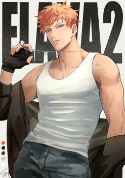 Rule 34 | 1boy, armpit crease, auryn 5, black gloves, black jacket, blue eyes, busujima mason rio, camouflage, camouflage pants, choppy bangs, clothes pull, collarbone, color guide, commentary, contrapposto, cowboy shot, dog tags, film grain, fingernails, gloves, grey background, grey pants, hand up, highres, holding, holding jewelry, holding necklace, hypnosis mic, jacket, jacket pull, jewelry, light smile, looking at viewer, male focus, necklace, off shoulder, orange hair, pants, parted lips, pectoral cleavage, pectorals, scar, scar on arm, scar on chest, short hair, sideburns, signature, solo, tank top, v-shaped eyebrows, very short hair, white tank top