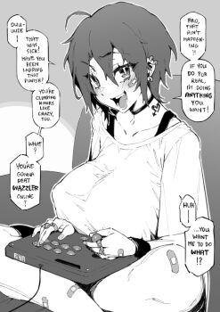 1girl ahoge arcade_stick bandaid bandaid_on_face bandaid_on_hand bandaid_on_knee bandaid_on_leg black_choker breasts choker controller ear_piercing english_text fuya_(tempupupu) game_controller holding holding_controller holding_game_controller jewelry joystick large_breasts multiple_piercings multiple_rings open_mouth original piercing playing_games ring short_hair speech_bubble