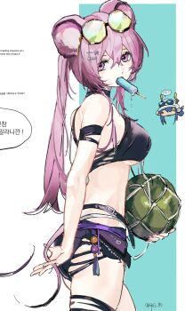 ... 1girl animal_ears arknights black_bra black_sandals black_shoes black_shorts bra breasts ch'en_(arknights) ch'en_(summer)_(arknights) chibi chibi_inset commentary_request dot_nose dripping eyewear_on_head food food_in_mouth from_side fruit hair_between_eyes hair_ornament hairclip highres holding_own_tail jewelry korean_commentary korean_text large_breasts lin_(arknights) lin_(summer)_(arknights) long_hair looking_at_viewer mouse_ears mouse_girl mouse_tail mouth_hold necklace notice_lines official_alternate_costume pink_eyes pink_hair ponytail popsicle popsicle_in_mouth round_eyewear sandals shoes short_shorts shorts simple_background solo spg_83 spoken_ellipsis tail tinted_eyewear translation_request underboob underwear watermelon white_background yellow-tinted_eyewear
