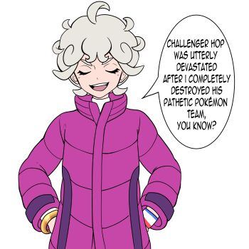 1boy :d absurdres ahoge bede_(pokemon) blonde_hair bracelet closed_eyes coat commentary curly_hair dynamax_band english_text eyelashes facing_viewer hands_on_own_hips high_collar highres jewelry male_focus muis0802 nintendo open_mouth pokemon pokemon_swsh purple_coat shirt short_hair simple_background smile smug solo speech_bubble teeth upper_teeth_only white_background white_shirt