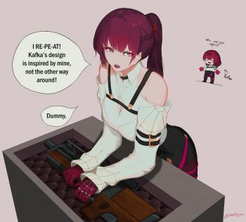 2girls absurdres arm_belt black_shorts braid bullpup cleavage_cutout clothing_cutout collared_shirt cosplay crown_braid english_text girls&#039;_frontline girls&#039;_frontline_2:_exilium gloves gun high-waist_shorts highres honkai:_star_rail honkai_(series) kafka_(honkai:_star_rail) kafka_(honkai:_star_rail)_(cosplay) long_hair long_sleeves makiatto_(girls&#039;_frontline_2) multiple_girls nishibuya open_mouth pantyhose pink_background ponytail purple_gloves purple_hair rifle shirt shirt_tucked_in shorts shoulder_cutout signature simple_background sniper_rifle spider_web_print trait_connection wa2000_(girls&#039;_frontline) walther walther_wa_2000 weapon white_shirt