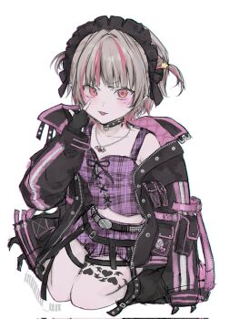 Rule 34 | 1girl, :p, akanbe, alternate headwear, arm belt, bat necklace, belt, belt buckle, black belt, black collar, black gloves, black headdress, black jacket, black leg warmers, black ribbon, black straps, blunt bangs, blush, breasts, buckle, chain, chain necklace, clothes writing, collar, collarbone, colored inner hair, commentary request, crop top, cross-laced clothes, cross-laced top, earclip, eyelid pull, fang, fingerless gloves, full body, gloves, grey hair, hair intakes, hair ornament, hair ribbon, highres, inuuuu un, jacket, jewelry, leg tattoo, leg warmers, looking at viewer, loose belt, maid headdress, makaino ririmu, makaino ririmu (6th costume), midriff, miniskirt, multicolored hair, multiple belts, navel, necklace, nijisanji, o-ring, o-ring collar, o-ring thigh strap, open clothes, open jacket, pendant, pink belt, pink hair, pink jacket, pink skirt, pink streaks, plaid clothes, plaid skirt, pleated skirt, pocket, pointy ears, red eyes, ribbon, short hair, simple background, sitting, skin fang, skirt, sleeves past fingers, sleeves past wrists, small breasts, solo, spiked collar, spikes, star (symbol), star hair ornament, streaked hair, studded belt, tattoo, thigh strap, tongue, tongue out, twitter username, two-sided fabric, two-sided jacket, two-tone hair, two side up, unbuttoned, unzipped, upturned eyes, v-shaped eyebrows, virtual youtuber, wariza, white background, winged heart, winged heart tattoo, wolf cut