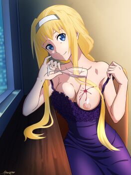 1girl alice_zuberg alice_zuberg_(evening_escape) bare_shoulders blonde_hair blue_eyes breasts closed_mouth collarbone commentary commentary_request cowboy_shot cup dress drinking_glass english_commentary eyelashes fluid_on_breasts hair_intakes hands_up head_tilt headband highres holding holding_cup indoors long_hair medium_breasts mixed-language_commentary mysteryctu nipples off_shoulder official_alternate_costume one_breast_out paid_reward_available purple_dress signature sitting smile solo spilling sword_art_online sword_art_online:_alicization sword_art_online:_unleashed_blading white_headband wine_glass