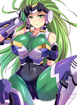 1girl artist_request aschen_brodel bad_anatomy bodysuit breasts cameltoe covered_navel curvy expressionless fingerless_gloves gloves green_eyes green_gloves green_hair highleg highleg_leotard large_breasts leotard long_hair looking_at_viewer shiny_clothes solo super_robot_wars super_robot_wars_og_saga_mugen_no_frontier very_long_hair white_background wide_hips