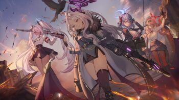 4girls absurdres ahoge ako_(blue_archive) bird black_coat black_halo black_skirt blue_archive blue_eyes blue_hair breasts chinatsu_(blue_archive) coat coat_on_shoulders dark-skinned_female dark_skin demon_girl demon_horns demon_wings dunnie1130 glasses grey_hair gun halo highres hina_(blue_archive) holding holding_gun holding_weapon horns iori_(blue_archive) long_hair low_wings machine_gun mg42 multiple_girls orange_hair outdoors panties prefect_team_(blue_archive) red_eyes skirt small_breasts standing twintails underwear very_long_hair weapon white_hair white_panties wings