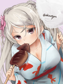 1girl akino_shuu animal_print breasts commentary_request conte_di_cavour_(kancolle) conte_di_cavour_(yukata)_(kancolle) cotton_candy fish_print food grey_hair japanese_clothes kantai_collection kimono large_breasts long_hair official_alternate_costume solo twitter_username yukata