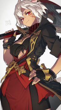 1girl animal_ears axe belt breasts cat_ears cat_tail center_opening chain chain_necklace coat commentary commission cowboy_shot dark-skinned_female dark_skin facial_mark final_fantasy final_fantasy_xiv fingerless_gloves front-tie_top gloves hand_on_own_hip hata4564 highres holding holding_axe jewelry light_smile looking_at_viewer medium_breasts miqo&#039;te neckerchief necklace open_clothes open_coat over_shoulder red_eyes shirt short_hair skeb_commission solo tail warrior_of_light_(ff14) weapon weapon_over_shoulder whisker_markings white_background white_hair