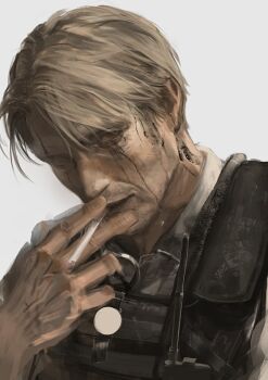 Rule 34 | 1boy, blonde hair, brown eyes, bulletproof vest, cigarette, cliff unger, collared shirt, death stranding, dirty, dirty face, hair between eyes, holding, holding cigarette, looking at viewer, mads mikkelsen, male focus, shirt, short hair, smoking, solo, supergrass1004, upper body, walkie-talkie, white background