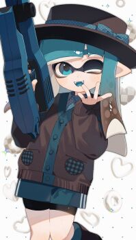 Rule 34 | 1girl, aqua eyes, aqua hair, bike shorts, black hat, black shorts, brown hair, colored tips, hat, highres, inkling, inkling girl, inkling player character, jet squelcher (splatoon), long hair, multicolored hair, nintendo, one eye closed, open mouth, pointy ears, sabata saba, shorts, smile, solo, splatoon (series), splatoon 3, standing, tentacle hair, two-tone hair, white background