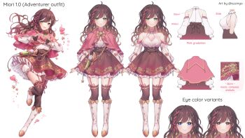 1girl ahoge alternate_eye_color armpit_crease bare_shoulders bloomers blue_eyes boots braid breasts brown_hair brown_skirt brown_thighhighs capelet reference_sheet cleavage cleavage_cutout closed_mouth clothing_cutout detached_sleeves frilled_skirt frills from_side garter_straps gradient_clothes gradient_skirt green_eyes hair_ornament hair_ribbon hairclip heart heart_hands high-waist_skirt highres indie_virtual_youtuber knee_boots large_breasts leg_up long_hair long_sleeves looking_at_viewer miori_celesta miori_celesta_(old_design) multicolored_hair multiple_views official_art open_mouth ozzingo red_capelet red_eyes red_skirt ribbon shirt skirt sleeveless sleeveless_shirt smile standing streaked_hair thighhighs thighs underwear virtual_youtuber white_bloomers white_footwear white_shirt zettai_ryouiki zipper