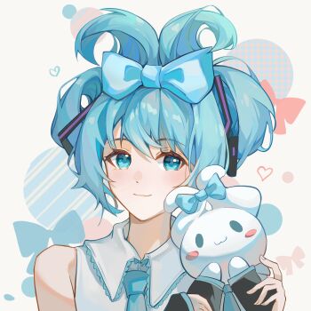 1girl amukeer bare_shoulders blue_bow blue_eyes blue_hair bow cinnamiku cinnamoroll closed_mouth creature hair_bow hatsune_miku heart highres holding holding_creature light_smile looking_at_viewer medium_hair portrait sanrio shirt solo updo white_shirt