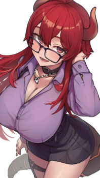 Rule 34 | 1girl, black-framed eyewear, black choker, black skirt, blush, breasts, choker, cleavage, collared shirt, commission, dola (7th costume) (nijisanji), dola (nijisanji), dragon girl, dragon horns, dragon tail, glasses, hand in own hair, horns, jewelry, large breasts, long hair, long sleeves, looking at viewer, mi2mi2 minmi, necklace, nijisanji, open mouth, purple shirt, red eyes, red hair, shirt, simple background, skeb commission, skirt, solo, suspender skirt, suspenders, tail, thigh strap, virtual youtuber, white background