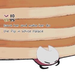 1girl ? alicezakat animated arrow_(symbol) arthropod_girl black_eyes black_skin butter chibi cloak colored_skin english_text female_focus food food_focus full_body half-closed_eyes heart high_collar hollow_knight hornet_(hollow_knight) jitome like_and_retweet looking_at_viewer lying mini_person minigirl on_stomach pancake pancake_stack red_cloak simple_background sitting sketch solo sound stuck unamused video white_background