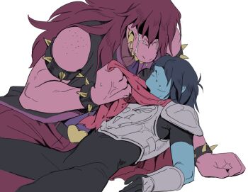 1girl 1other arm_freckles armlet armor black_bodysuit blood blue_skin body_freckles bodysuit bodysuit_under_clothes bracelet breastplate cape clothes_grab colored_skin crying deltarune freckles highres jewelry kris_(dark_world)_(deltarune) kris_(deltarune) long_hair lying nosebleed on_back pauldrons pink_skin purple_hair red_cape shaded_face sharp_teeth short_hair shoulder_armor simple_background spiked_armlet spiked_bracelet spikes susie_(dark_world)_(deltarune) susie_(deltarune) tears teeth ttudolee utdr_(toby_fox) white_background