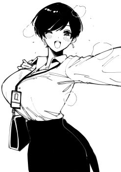 1girl absurdres bag blush bralines breasts collared_shirt cowboy_shot curvy earrings foreshortening greyscale hand_on_own_chest handbag highres id_card jewelry lanyard large_breasts long_sleeves looking_at_viewer monochrome norman_maggot office_lady olive_laurentia one_eye_closed open_mouth original pencil_skirt pixie_cut selfie shirt shirt_tucked_in short_hair simple_background skirt smile solo swept_bangs tented_shirt white_background wing_collar
