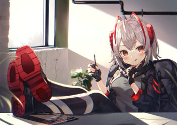1girl antenna_hair arknights bandaged_leg bandages black_jacket black_legwear black_scarf blush breasts chair controller desk flyer grey_hair grey_sweater highres horns jacket licking_lips looking_at_viewer medium_breasts nam_(nam990902) orange_eyes plant red_hair red_horns remote_control scarf shoes short_hair sleeveless sleeveless_sweater solo sunlight sweater tongue tongue_out w_(arknights)