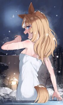 Rule 34 | 1girl, absurdres, animal ears, bare shoulders, blue eyes, blush, breasts, brown hair, commentary request, espoir city (umamusume), highres, hitempo, horse ears, horse girl, horse tail, long hair, looking at viewer, looking back, multicolored hair, naked towel, night, night sky, onsen, open mouth, orange hair, outdoors, sky, solo, stone lantern, tail, towel, umamusume, water