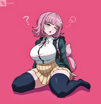 1girl breasts brown_hair collared_shirt danganronpa_(series) danganronpa_2:_goodbye_despair flipped_hair hair_ornament highres hood jacket large_breasts long_sleeves medium_hair nanami_chiaki neck_ribbon one_eye_closed open_clothes open_jacket open_mouth pink_eyes pink_ribbon pleated_skirt plump ribbon shirt simple_background sitting skirt sleepy solo soshu_(soshuscribbles) squeans thighhighs white_shirt yawning