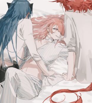 Rule 34 | 3girls, absurdres, arknights, bandaged neck, bandages, bed sheet, bird girl, bird tail, black halo, black horns, black shorts, black tail, blue hair, blush, commentary, demon horns, demon tail, ear blush, facing away, fallen angel, fiammetta (arknights), flat chest, g xio111, girl sandwich, grin, halo, highres, horns, hospital gown, knee up, lemuen (arknights), long bangs, long hair, looking at another, lying, midriff peek, mostima (arknights), multiple girls, on back, on bed, pants, partially unbuttoned, pink hair, pink halo, red hair, red tail, sandwiched, shirt, short hair, short shorts, shorts, sitting, sleeves pushed up, smile, stomach, striped clothes, striped pants, striped shirt, symbol-only commentary, tail, three-quarter sleeves, vertical-striped clothes, vertical-striped pants, vertical-striped shirt, white pants, white shirt, yuri