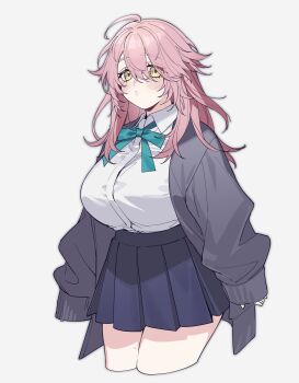 1girl absurdres blue_skirt blush breasts cardigan closed_mouth collared_shirt cropped_legs eyelashes grey_background grey_cardigan hair_between_eyes highres huge_breasts io_(ooioo) long_hair long_sleeves looking_at_viewer mole mole_on_neck mole_under_eye open_clothes original pink_hair pleated_skirt shirt simple_background skirt sleeves_past_wrists solo white_shirt yellow_eyes