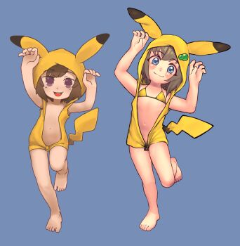 2girls :3 animal_ears animal_hood arms_up barefoot bikini bikini_top_only bikini_under_clothes blue_background blue_eyes blush blush_stickers bottomless brown_hair closed_mouth cosplay fake_animal_ears fake_tail feet female_focus flat_chest freckles full_body gen_1_pokemon hair_bobbles hair_ornament happy head_tilt hood hood_up indie_virtual_youtuber jacket leg_up legs light_blush lily_hopkins loli looking_at_viewer multiple_girls naked_jacket navel nintendo no_shirt nose_blush open_clothes open_jacket open_mouth pettankon pikachu pikachu_(cosplay) pikachu_ears pikachu_tail poke_kid_(pokemon) poke_kid_(pokemon)_(cosplay) pokemon pokemon_dppt pokemon_tail purple_eyes redrawn short_hair sidelocks simple_background sleeveless sleeveless_jacket smile split_mouth standing standing_on_one_leg stomach string_bikini swimsuit tail teeth thighs unzipped virtual_youtuber yellow_bikini yellow_jacket zipper_pull_tab
