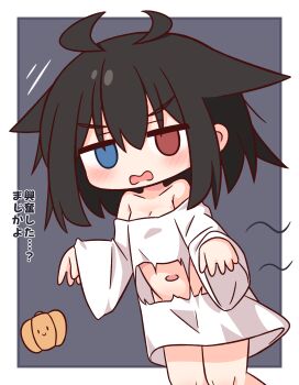 1girl bare_shoulders black_hair blue_eyes blush border breasts cleavage collarbone cowboy_shot empty_eyes grey_background hana_kazari heterochromia highres long_sleeves navel no_pants open_mouth original outside_border red_eyes revision shirt short_hair simple_background solo torn_clothes torn_shirt translation_request v-shaped_eyebrows white_border white_shirt