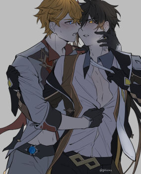Rule 34 | 2boys, aroused, blush, breasts, cleavage, genshin impact, gils3105, hand on another's cheek, hand on another's chest, hand on another's face, highres, image sample, multiple boys, pixiv, pixiv sample, tartaglia (genshin impact), white background, yaoi, zhongli (genshin impact)