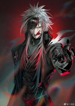 1boy baishangwuding black_gloves black_hair black_jacket black_shirt bleeding blood blood_on_face fate/grand_order fate_(series) gloves grey_hair highres jacket kondou_isami_(first_ascension)_(fate) long_hair long_sleeves male_focus multicolored_hair nosebleed red_background red_eyes red_hair shirt solo upper_body watermark weibo_watermark