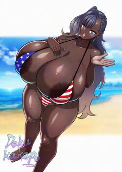 1girl american_flag_bikini american_flag_print areola_slip artist_logo artist_name barefoot beach bikini black_hair blue_eyes blurry blurry_background blush breasts curvy dark-skinned_female dark_skin doku_kakapo dot_nose dutch_angle earrings eyelashes female_focus fingernail_polish fingernails flag_print flag_print_bikini gigantic_breasts heart jewelry large_areolae logo long_hair looking_at_viewer micro_bikini nail_polish ocean open_mouth original print_bikini salute shiny_skin smile solo standing swimsuit tear_earring thick_thighs thighs toenail_polish toenails