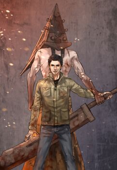 2boys absurdres alex_shepherd anderain apron back-to-back blood blood_on_clothes brown_hair denim embers great_knife helmet highres jeans male_focus monster multiple_boys muscular pants pyramid_head silent_hill silent_hill:_homecoming silent_hill_(series) sword weapon