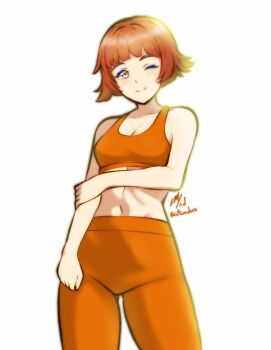 1girl bra breasts commission dorothy_(fire_emblem) fire_emblem fire_emblem:_the_binding_blade ko-fi_commission navel nintendo one_eye_closed orange_bra orange_pants pants rotomdocs short_hair signature smile solo sports_bra sportswear underwear workout_clothes yoga_pants