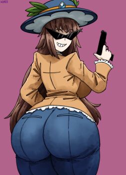 ass ass_focus beretta_92 breasts brown_coat brown_hair coat commentary curvy frills from_behind gensokyo_odyssey gun handgun highres holding holding_gun holding_weapon huge_ass kakkoi_elbertson large_breasts long_hair looking_back smile sunglasses thick_thighs thighs touhou triangular_eyewear weapon wide_hips woomler