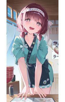 1girl absurdres blue_bow blue_eyes blue_kimono blush bow brown_hair commentary drooling food girls_band_cry h0kori highres indoors iseri_nina japanese_clothes kimono looking_at_viewer low_twintails menu mouth_drool noodles open_mouth pillarboxed ramen short_hair short_twintails solo star-shaped_pupils star_(symbol) symbol-only_commentary symbol-shaped_pupils teeth translation_request twintails upper_teeth_only