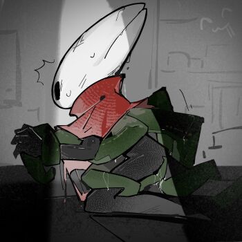 1girl black_skin cloak colored_skin grey_background greyroot_(hollow_knight) hashtag-only_commentary highres hollow_eyes hollow_knight hollow_knight:_silksong horned_mask hornet_(hollow_knight) kneeling mask red_cloak solo sweat tentacles trembling white_mask xuan106101