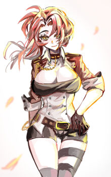 1girl belt black_gloves black_shorts bow breasts cleavage cleavage_cutout closed_mouth clothing_cutout gettou0_0 gloves highres honkai_(series) honkai_impact_3rd jacket large_breasts looking_at_another murata_himeko murata_himeko_(battle_storm) petals red_bow red_jacket shorts simple_background solo white_background