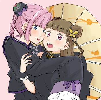 2girls :d :p anyoji_hime bare_shoulders black_shirt blue_eyes blunt_sidelocks blush braid brown_hair bun_cover bun_with_braided_base butterfly_hair_ornament cheek-to-cheek chinese_clothes clothing_cutout commentary double_bun hair_bun hair_extensions hair_ornament half_updo hasu_no_sora_pop_up_shop_china_collection heads_together highres hug kachimachi_kosuzu link!_like!_love_live! long_hair long_sleeves looking_at_viewer love_live! multiple_girls namazakana_kuenai official_alternate_costume oil-paper_umbrella open_mouth pink_background pink_eyes pink_hair ring_hair_extensions shirt shoulder_cutout sidelocks sleeves_past_fingers sleeves_past_wrists smile tongue tongue_out twin_braids umbrella upper_body virtual_youtuber yellow_umbrella