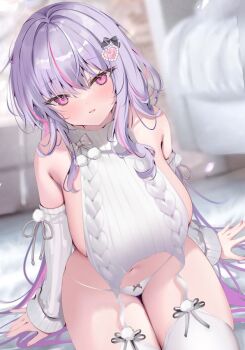 1girl breasts commentary_request detached_sleeves large_breasts long_hair multicolored_hair navel original panties parted_lips pink_eyes pink_hair pon_(ponidrop) purple_hair ribbed_sweater solo streaked_hair sweater thighhighs turtleneck turtleneck_sweater underwear virgin_destroyer_sweater white_panties white_sweater white_thighhighs