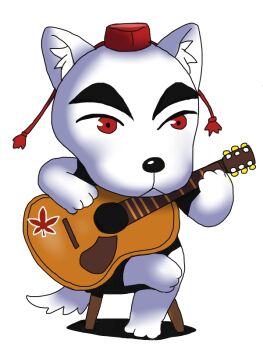 Rule 34 | 1boy, acoustic guitar, animal crossing, animal ears, closed mouth, commentary request, cosplay, dog boy, dog ears, dog tail, figure four sitting, full body, furry, furry male, guitar, hat, holding, holding guitar, holding instrument, instrument, inubashiri momiji, inubashiri momiji (cosplay), k.k. slider (animal crossing), looking at viewer, male focus, nintendo, onikobe rin, red hat, simple background, sitting, solo, stool, tail, tokin hat, touhou, white background