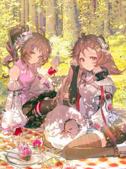 Rule 34 | ardelia (arknights), arknights, arknights: endfield, brown hair, brown thighhighs, commentary, cupcake, detached sleeves, dress, dual persona, eyjafjalla (arknights), fingerless gloves, food, forest, gloves, goat girl, goat horns, headphones, headphones around neck, highres, horns, jacket, kuren kren, long hair, mask, nature, picnic, picnic blanket, pink dress, red eyes, red gloves, respirator, sheep, side ponytail, sitting, smile, symbol-only commentary, thigh strap, thighhighs, unworn mask, white jacket, white sleeves, yokozuwari